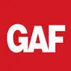 GAF logo: bold white letters on a red square background
