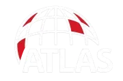 ATLAS logo with red globe segments above faint white text on a white background