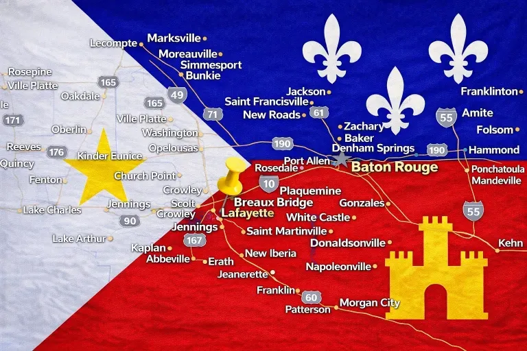 Louisiana state map with fleur-de-lis symbols and LSU logo over red, white, and blue background