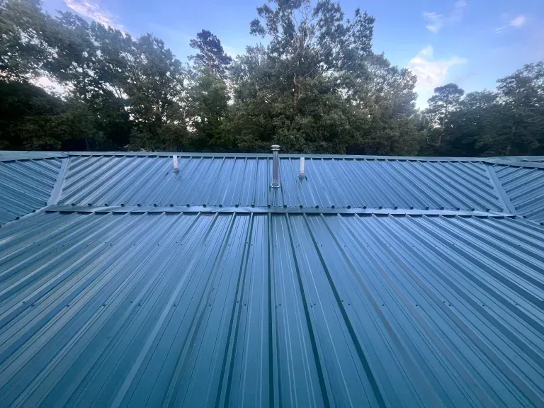 Blue metal roof with trees and cloudy sky in the background