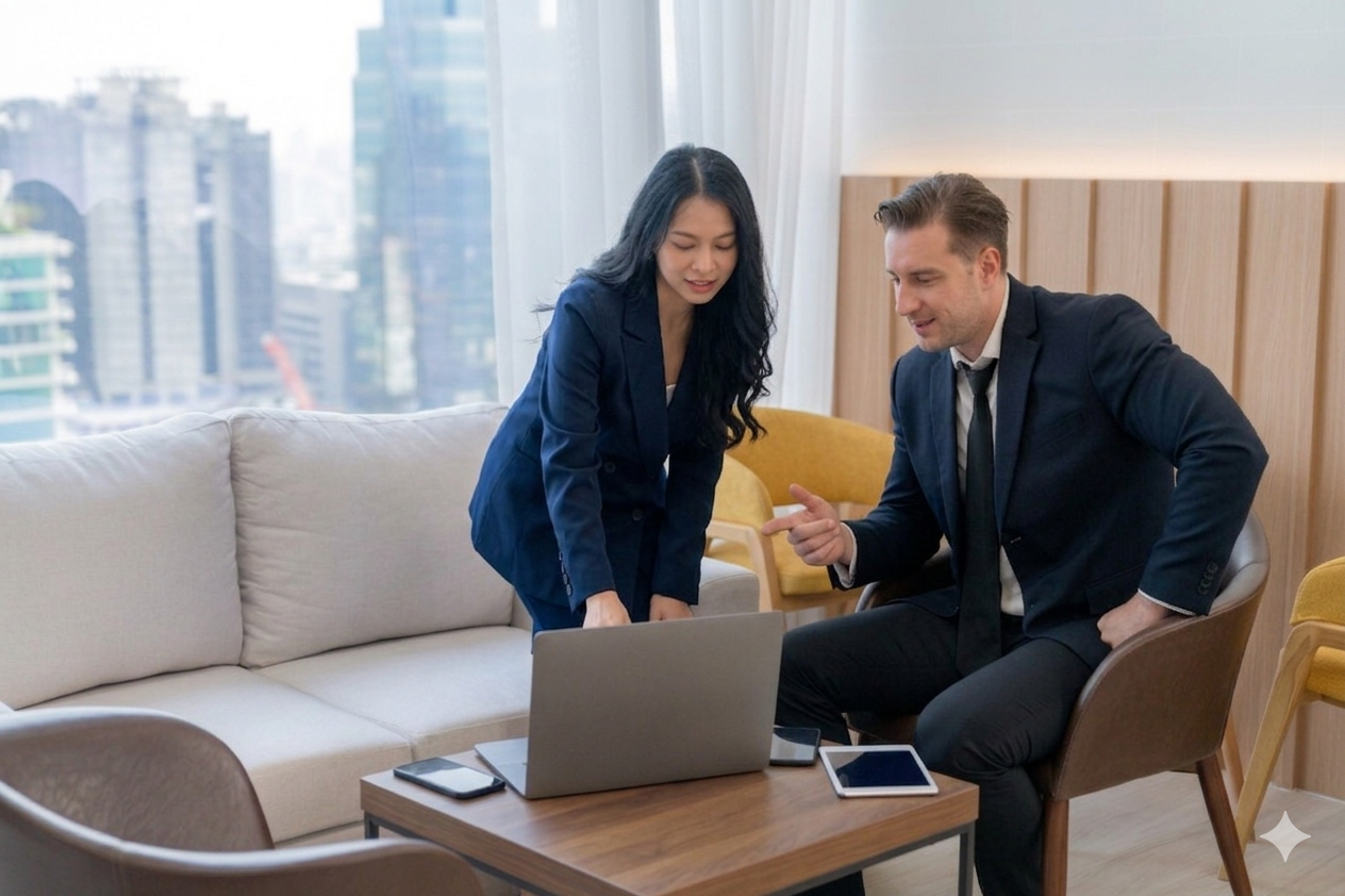 Two business professionals reviewing a laptop in a bright office lounge with a sofa and city view.
