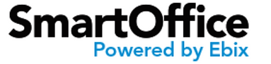 SmartOffice logo with “Powered by Ebix” in black and blue text