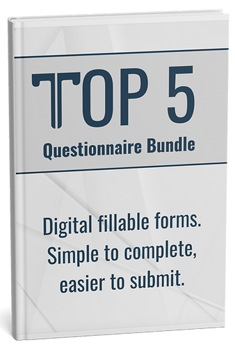Book cover reading “Top 5 Questionnaire Bundle” with text: “Digital fillable forms. Simple to complete, easier to submit.”