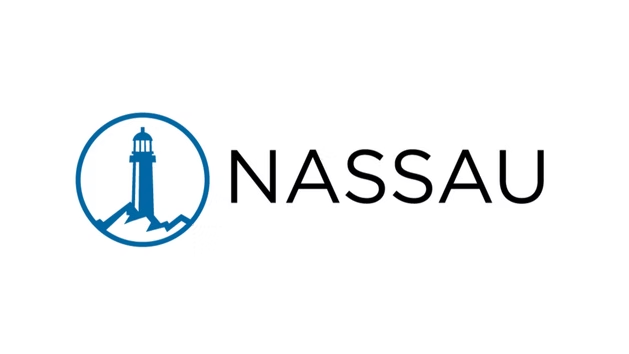 Blue lighthouse logo with the word “NASSAU” in black text