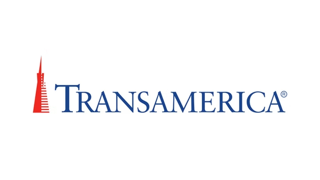 Transamerica logo with red stylized tower and blue wordmark on white background