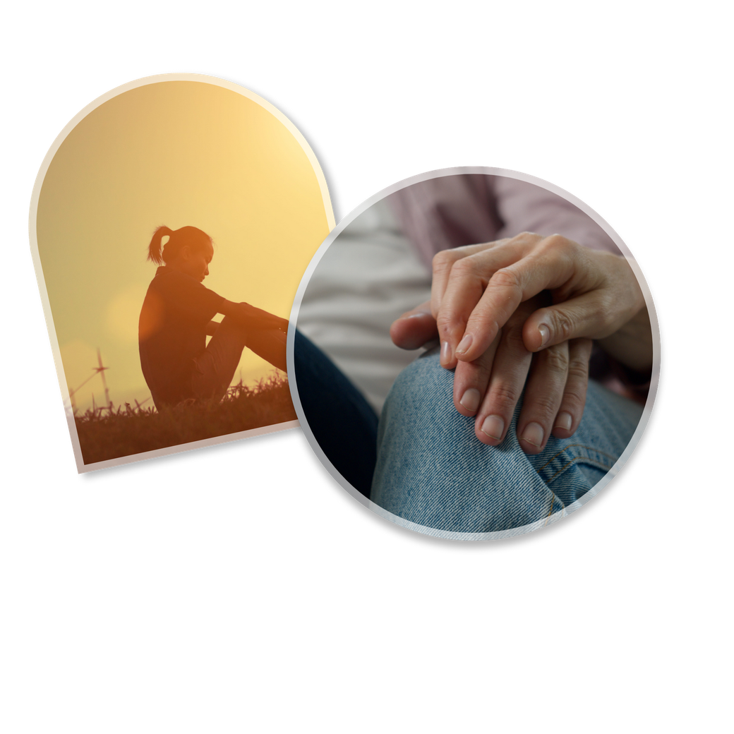 Two circular photos: a person at sunset and hands resting on a knee