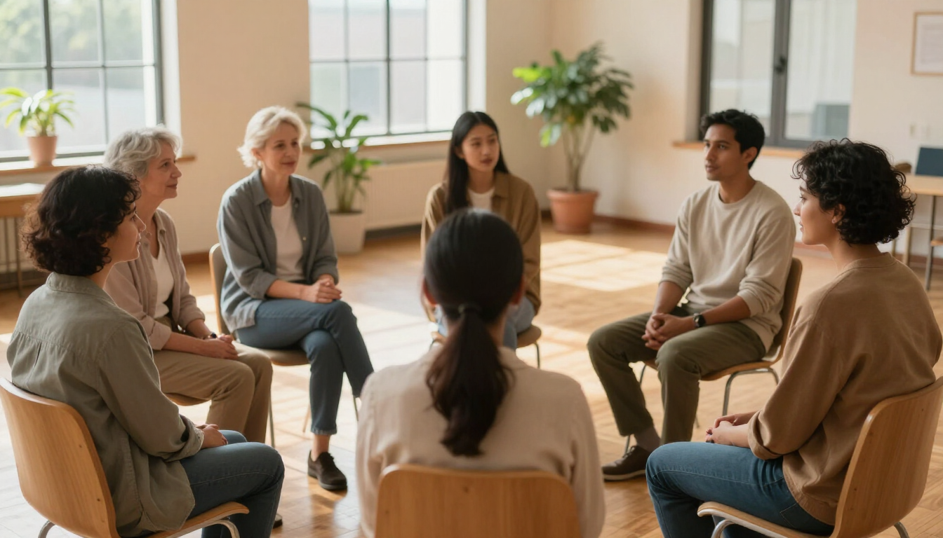 A supportive community gathering in a warm, sunlit room.