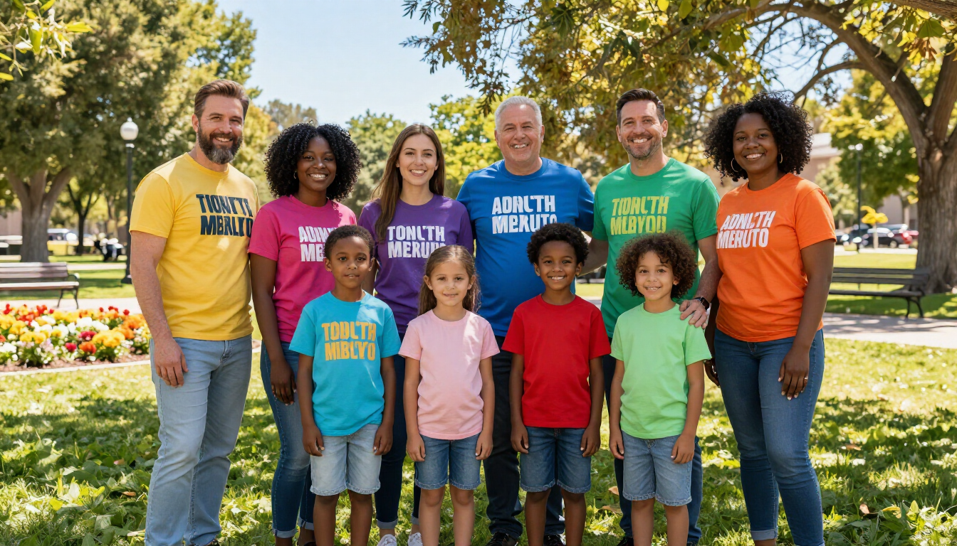 A group of smiling parents and children at an outdoor park wearing empowering t-shirts