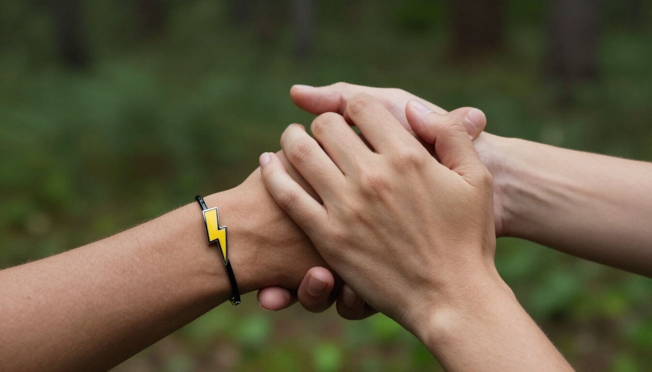 Hands holding with a symbolic lightning bracelet