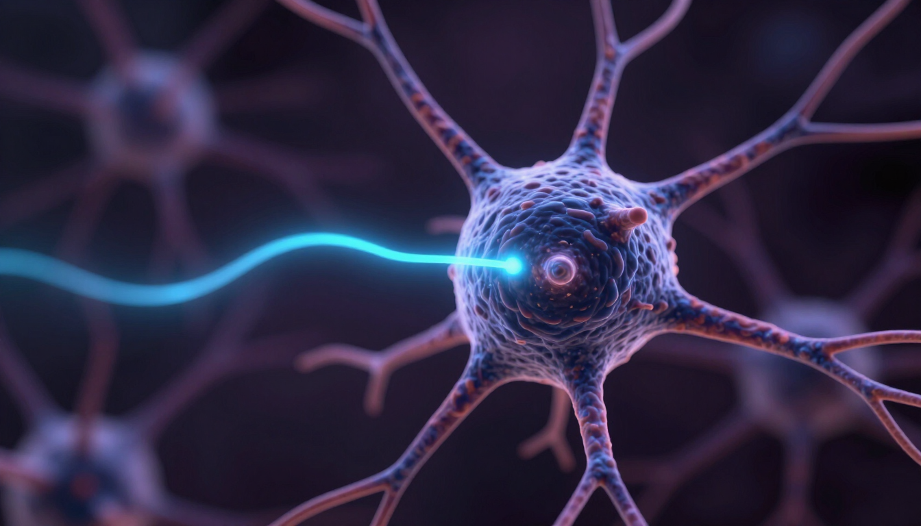 A glowing neuron representing the Kv4.2 potassium channel affected by KCND2.
