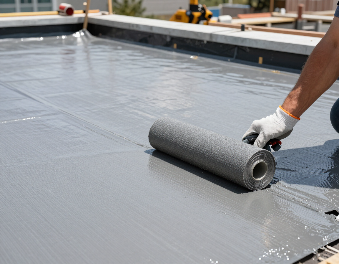 Un trabajador extiende una membrana impermeabilizante gris sobre un tejado plano.