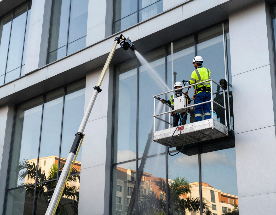 Trabajadores en una plataforma suspendida limpian la fachada de cristal de un edificio con mangueras y equipo de seguridad.