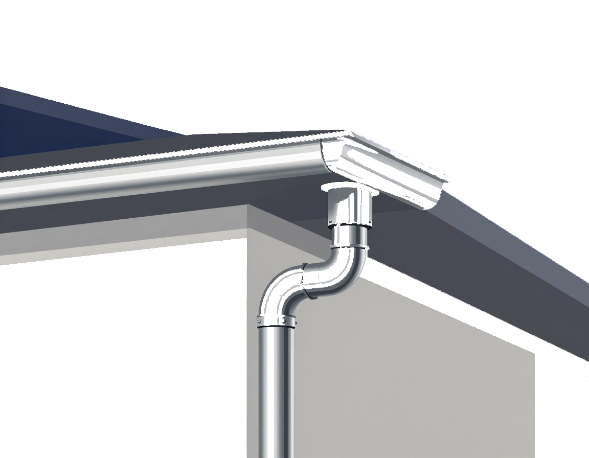 Codo de bajante que conecta una canaleta de techo con un tubo de desagüe vertical en una casa.