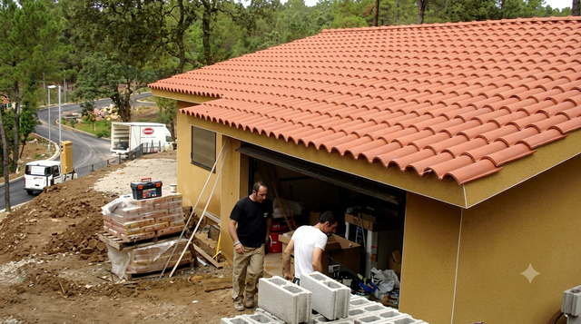 Trabajadores cargando materiales en una casa en construcción con techo de tejas rojas y patio de tierra.