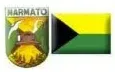Logotipo de Harmato junto a una bandera negra, amarilla y verde con un triángulo negro y una estrella blanca.