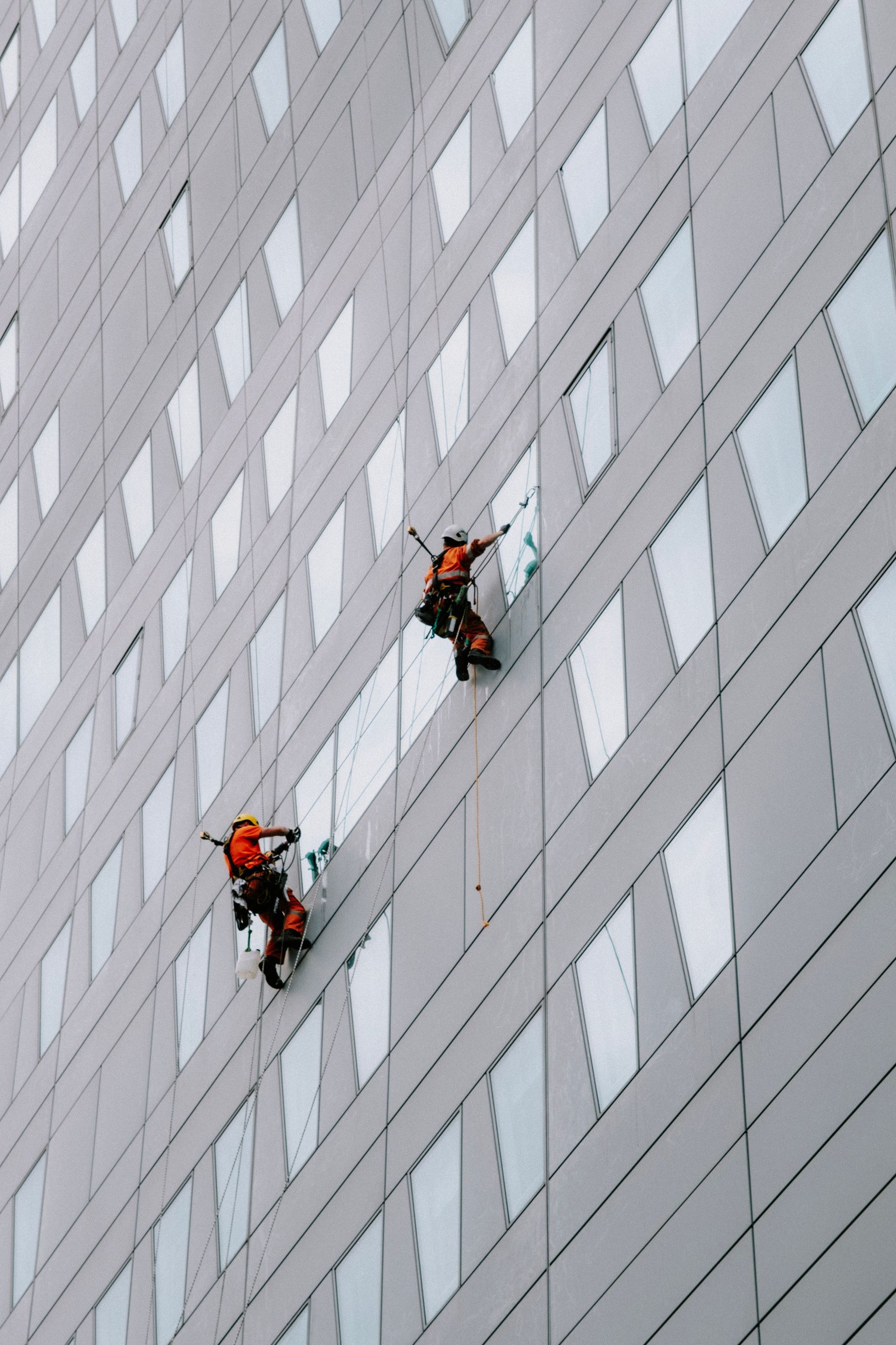 Dos limpiadores de ventanas con trajes de seguridad naranjas descienden en rápel por un alto edificio de cristal.