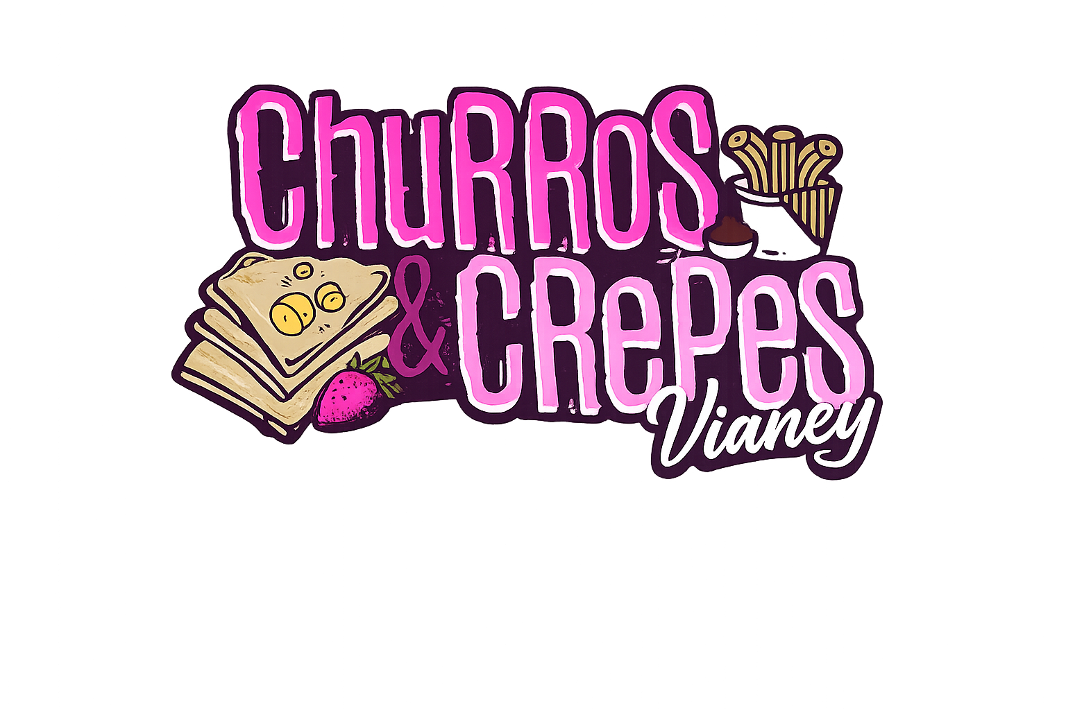 Churros & Crepes Viney logo with pink and black lettering and illustrated churros and crepes