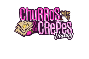 Churros & Crepes Viney logo with pink and black lettering and illustrated churros and crepes