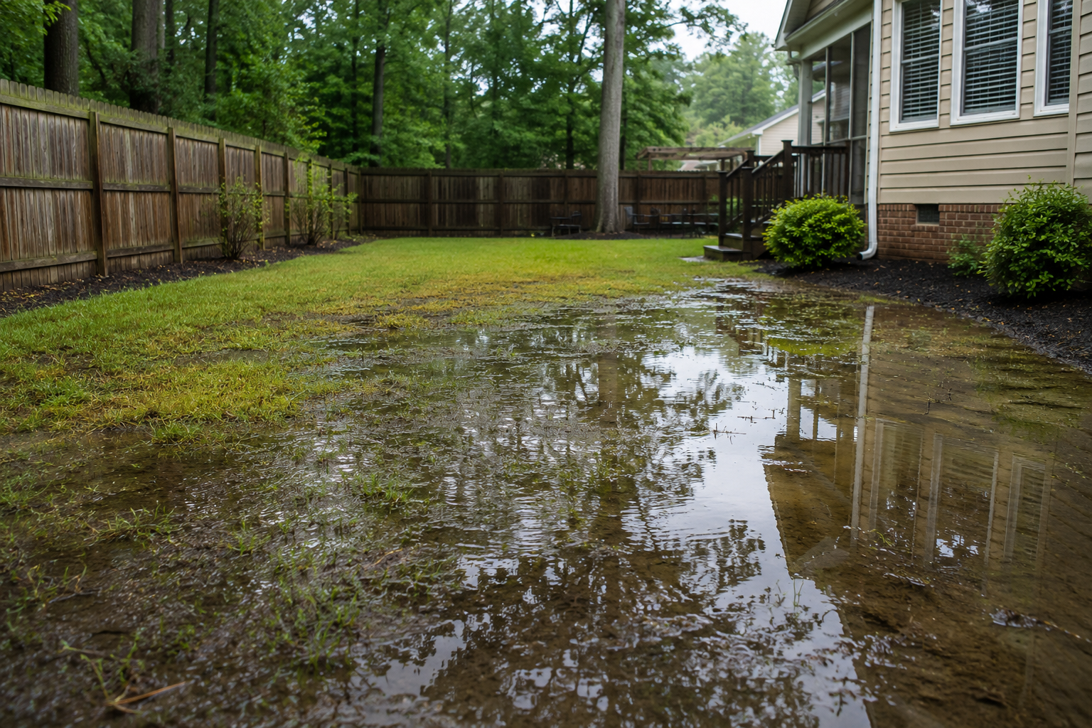 Waterlogged backyard beside a house and wooden fence, with large puddles reflecting trees and the cloudy sky.