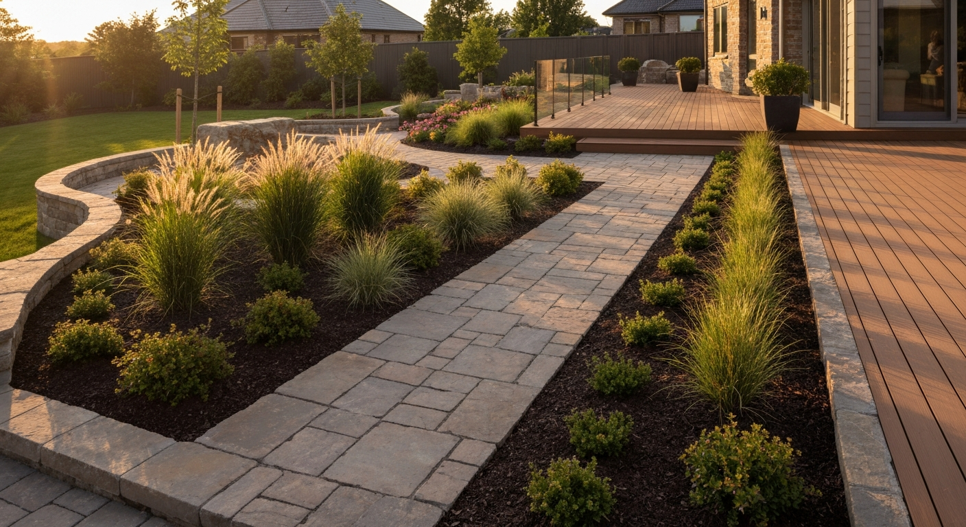 Curved front walkway with blue and tan pavers beside a house and landscaped shrubs