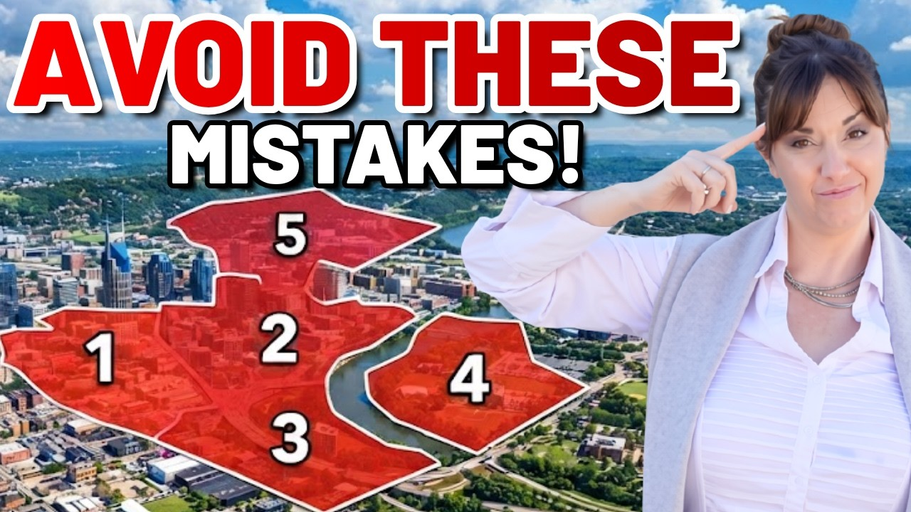 Bold “AVOID THESE MISTAKES!” text over a cityscape map with numbered red zones and a woman pointing to them