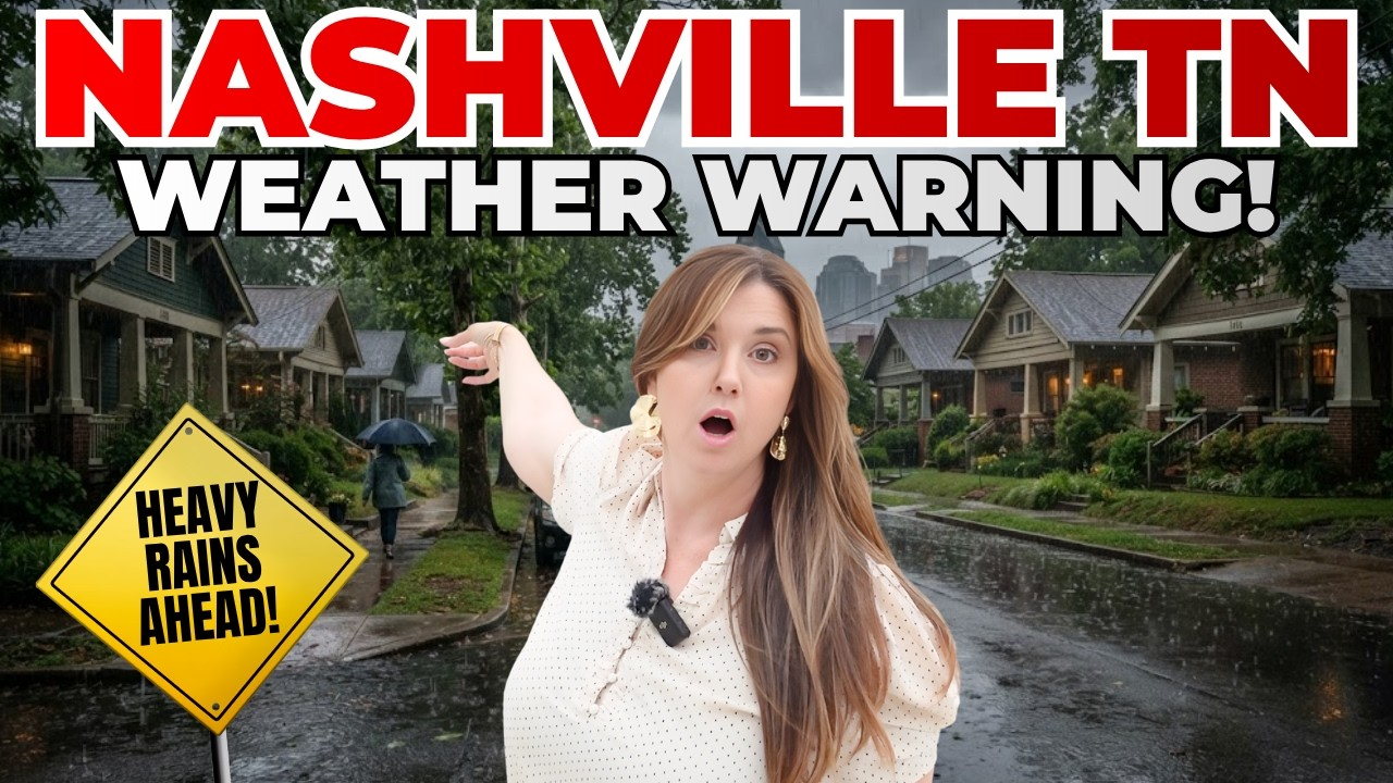 Nashville, TN weather warning graphic with heavy rains ahead sign and woman pointing in a rainy neighborhood