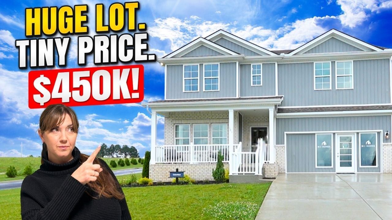 Woman pointing at house with text “Huge lot. Tiny price. $450K!”