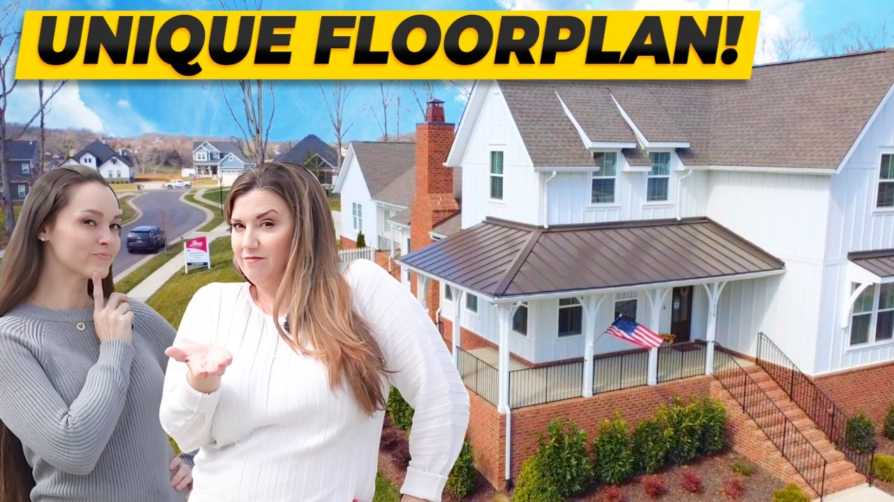 Two women in front of a house with a bold “UNIQUE FLOORPLAN!” banner and a small floor plan inset.