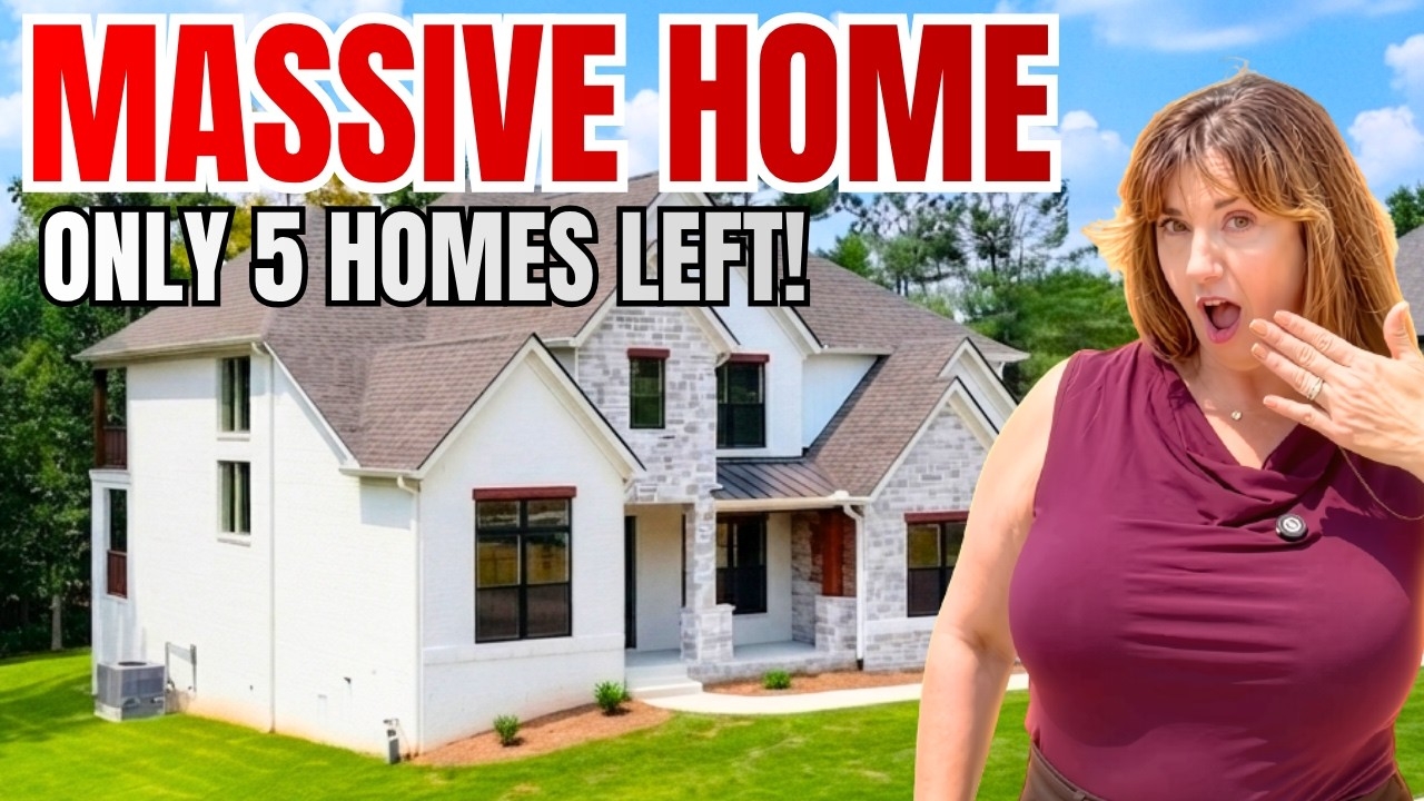 White house with bold text “MASSIVE HOME” and “ONLY 5 HOMES LEFT!” beside a surprised woman in pink.