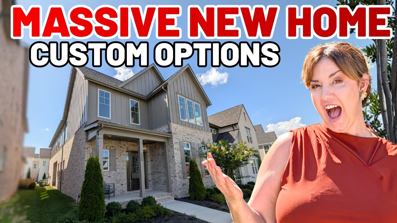 House exterior with “MASSIVE NEW HOME CUSTOM OPTIONS” text and a surprised woman gesturing beside it