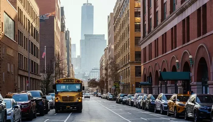 A yellow school bus is driving down a city street.