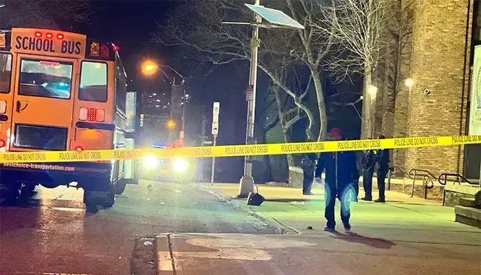 A school bus is parked on the side of the road at night.