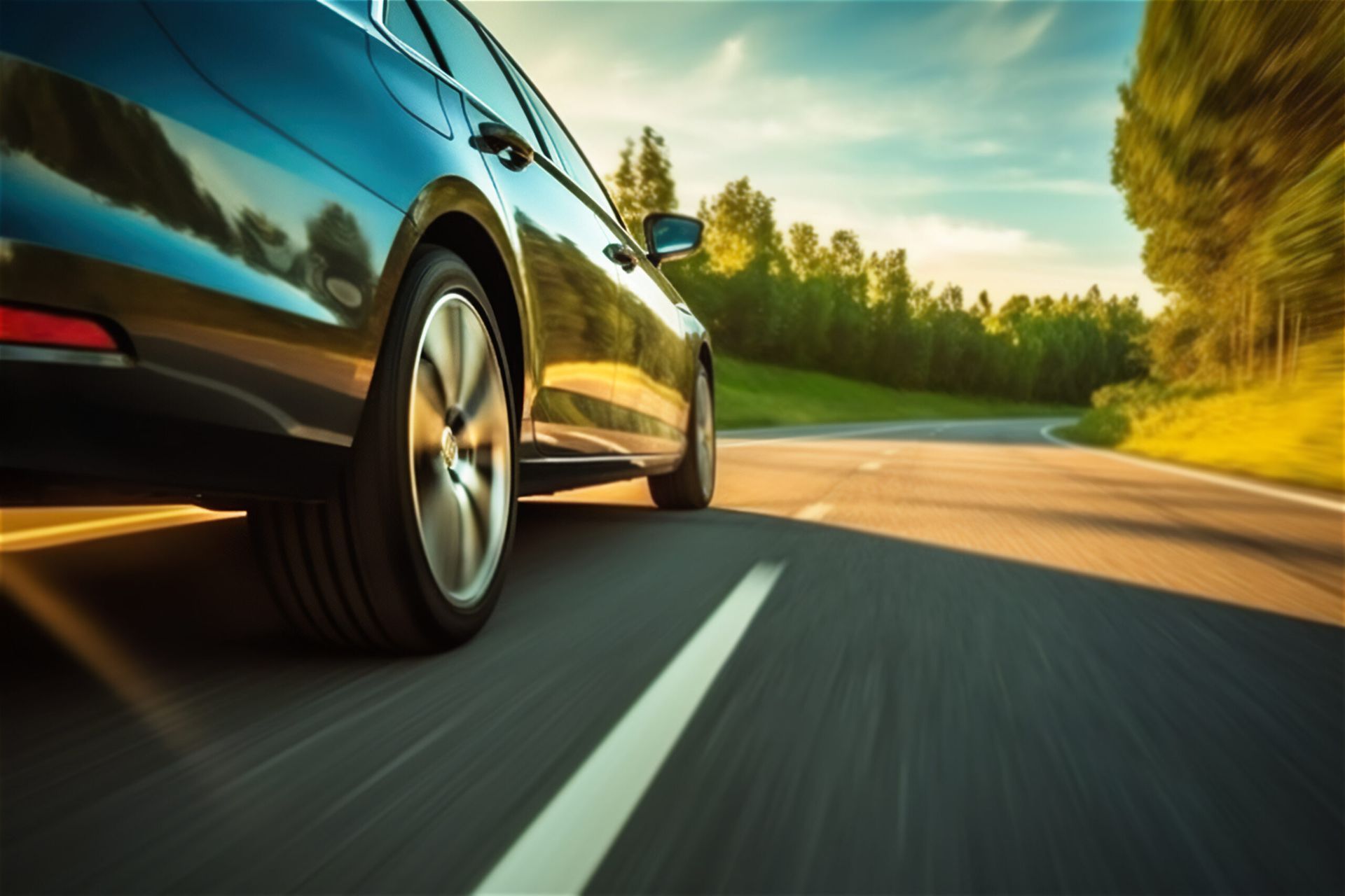 A black car is driving down a country road.