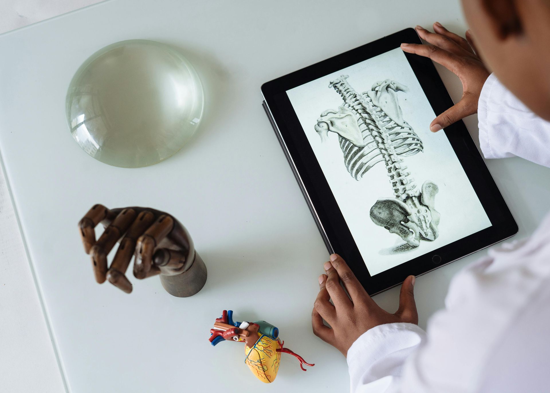 A person is holding a tablet with a picture of a skeleton on it.