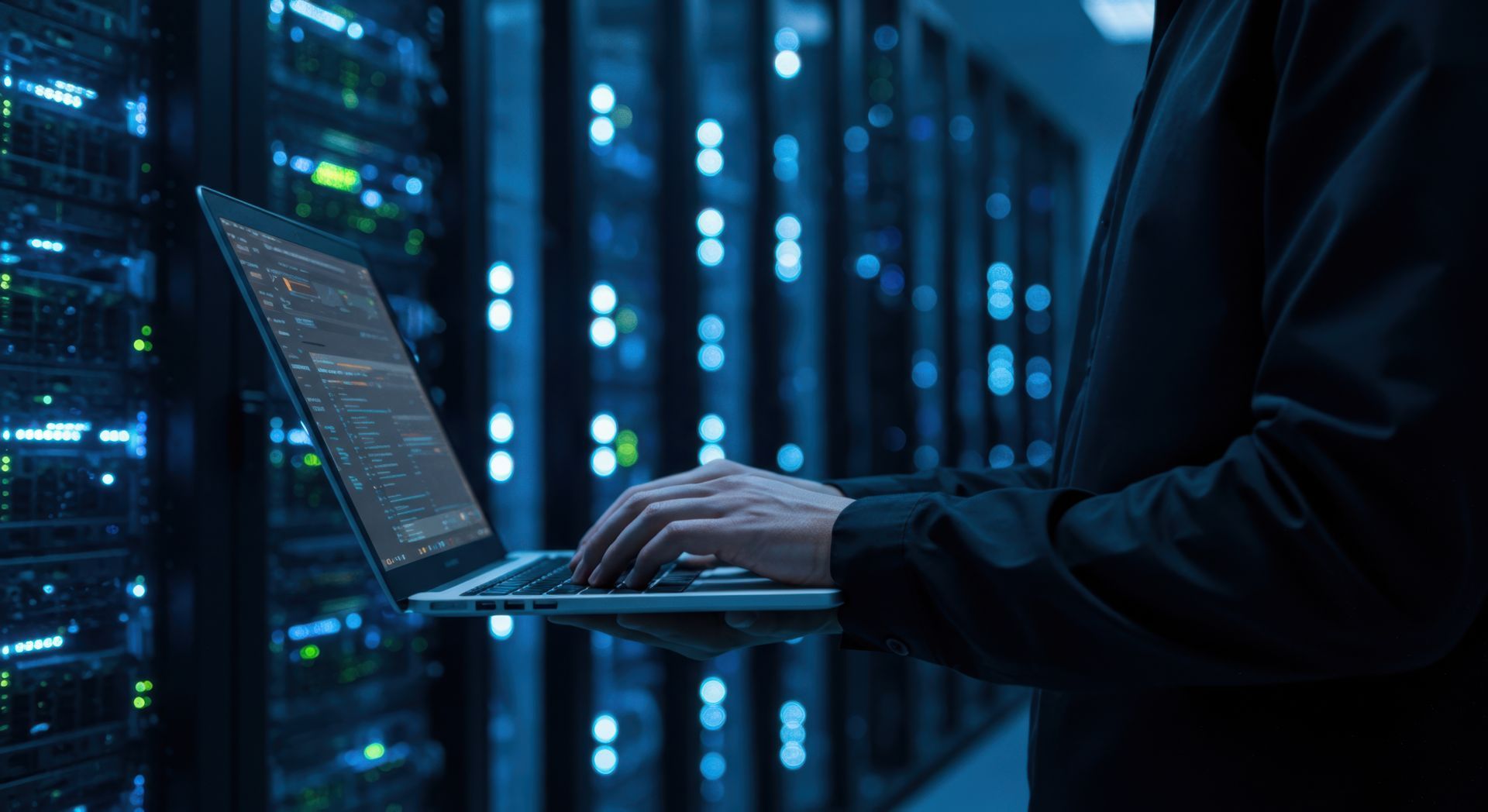 IT professional works on a laptop in a dimly lit server room. IT professional works on a laptop in a dimly lit server room.