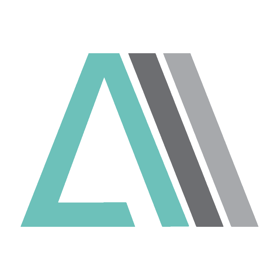 Teal triangle with two parallel grey lines, abstract logo.