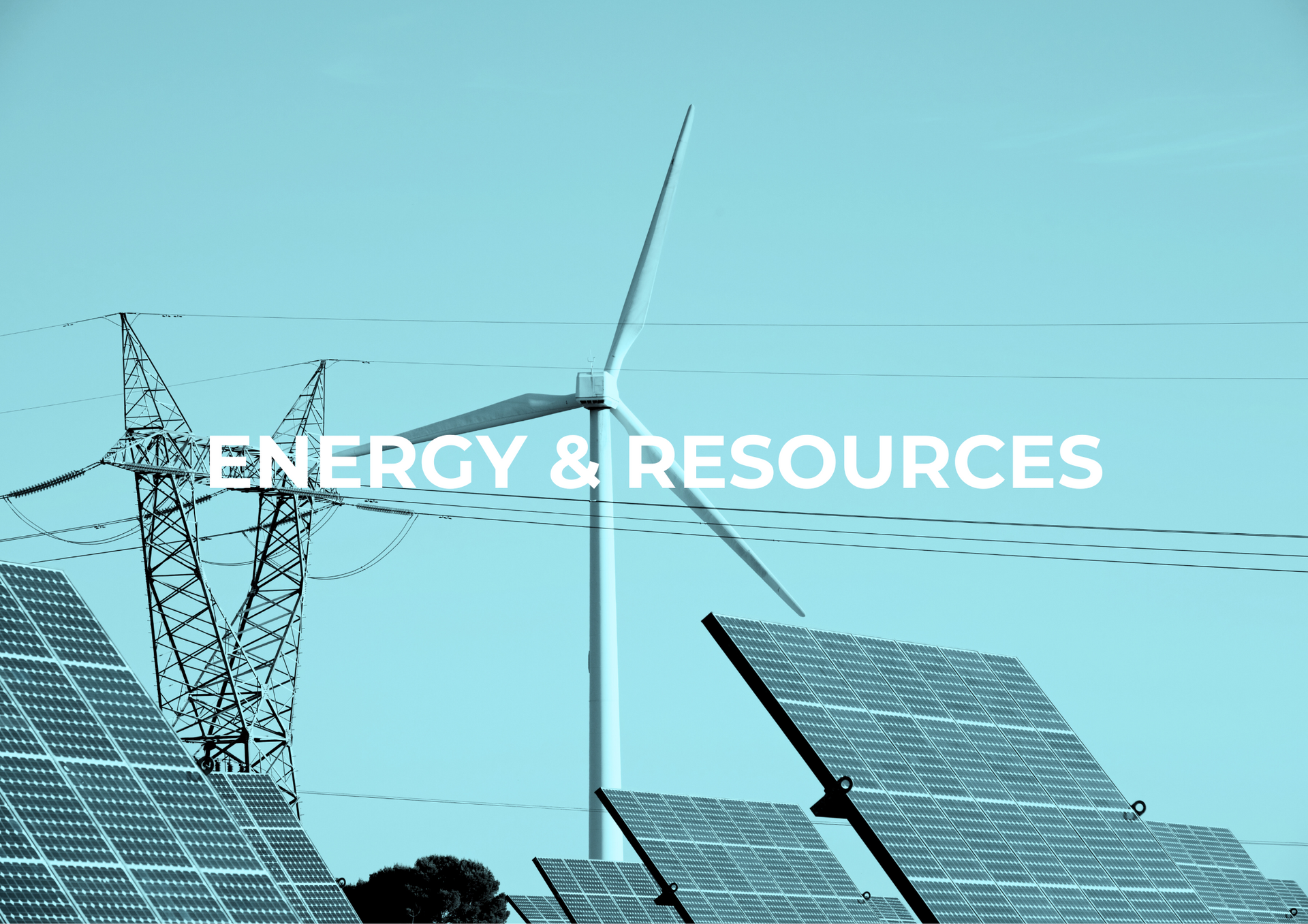 Solar panels, wind turbine, and power lines against a teal sky; text reads 
