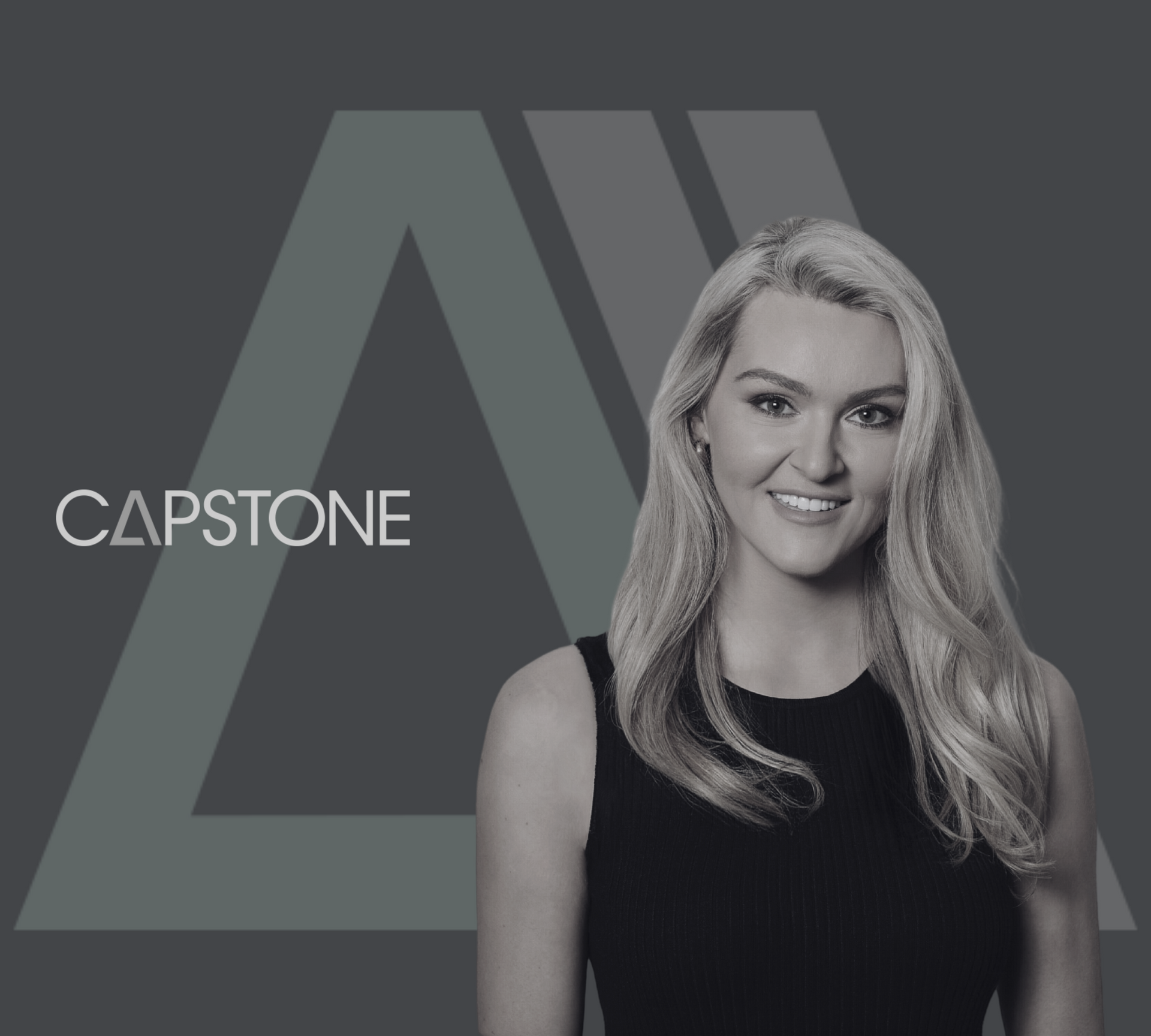 Woman smiling, Capstone logo beside her, and a grey background with a stylized 