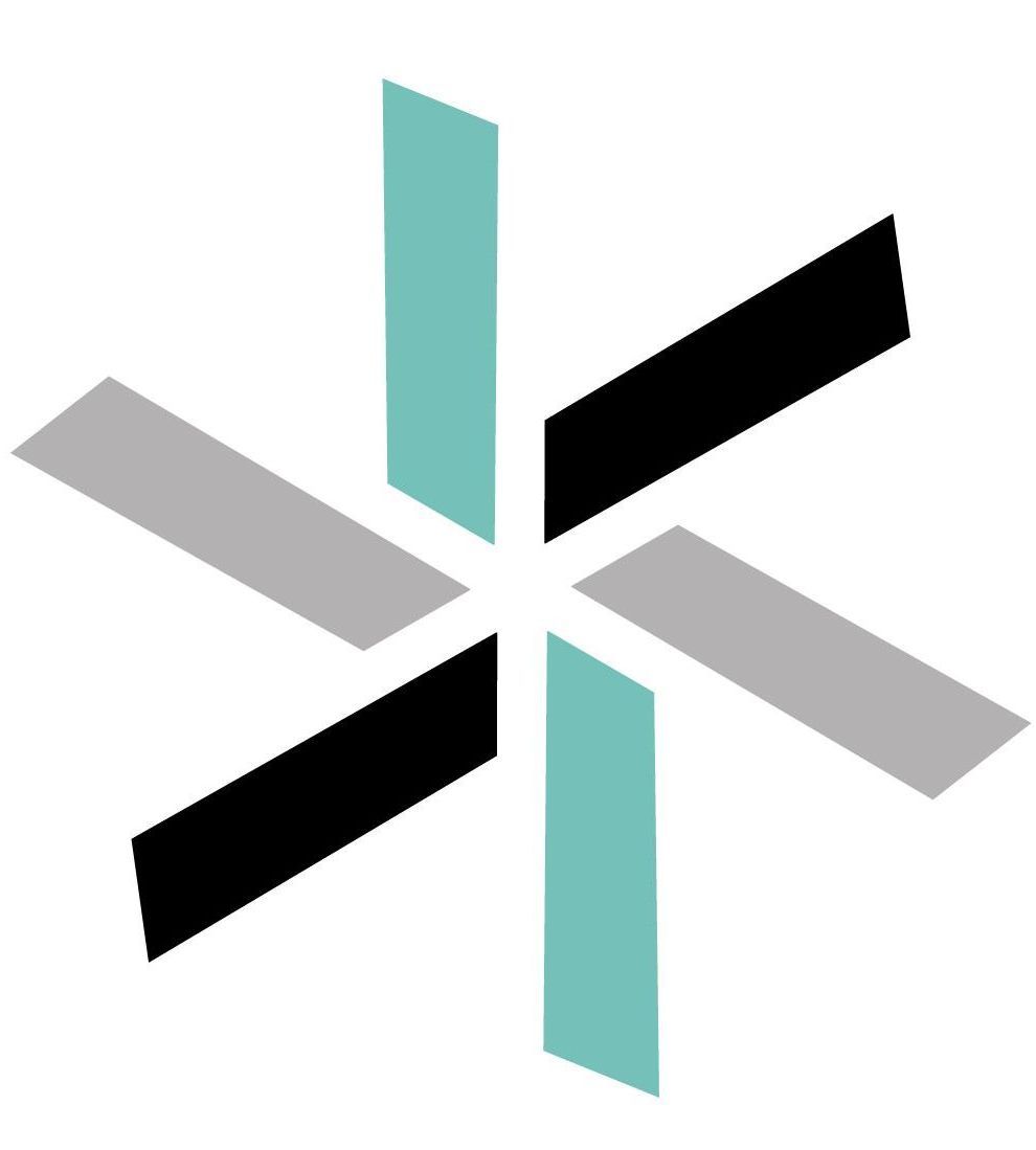 Abstract logo of six colored rectangles radiating from a central point; two gray, two black, and two teal.