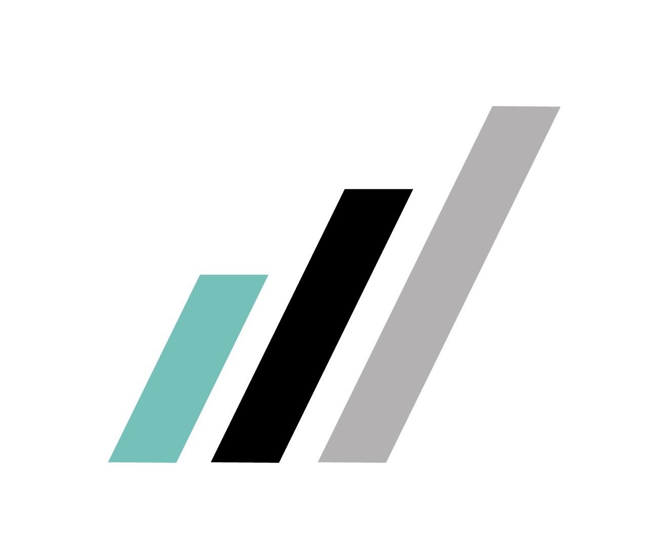 Three angled bars: teal, black, and gray, increasing in height from left to right, suggesting growth.