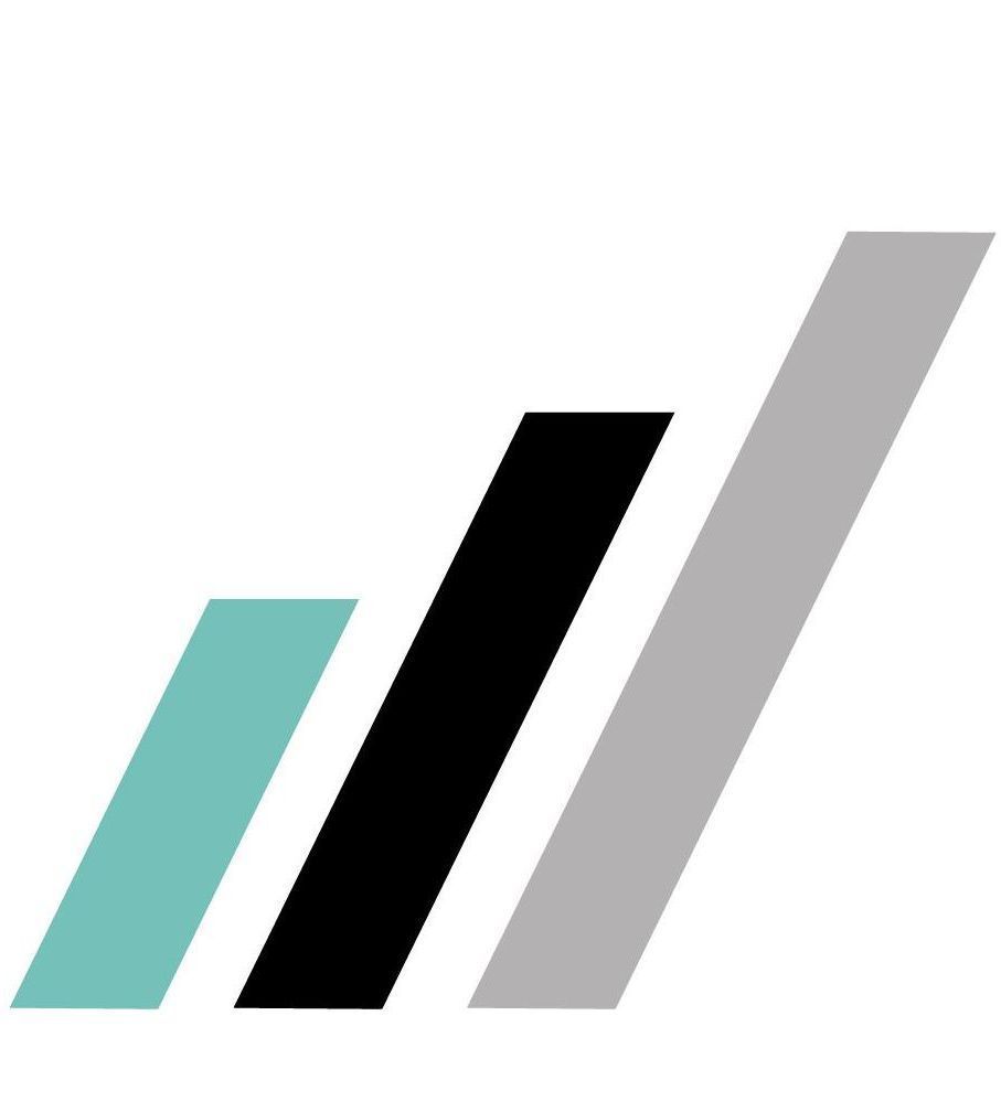 Three ascending bars, teal, black, and gray, representing growth.