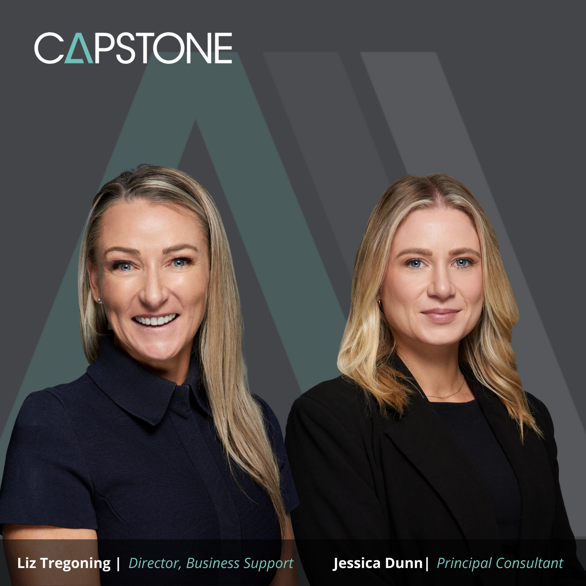 Two women, Liz Trugoning and Jessica Dunn, posing for a promotional headshot with a Capstone logo backdrop.