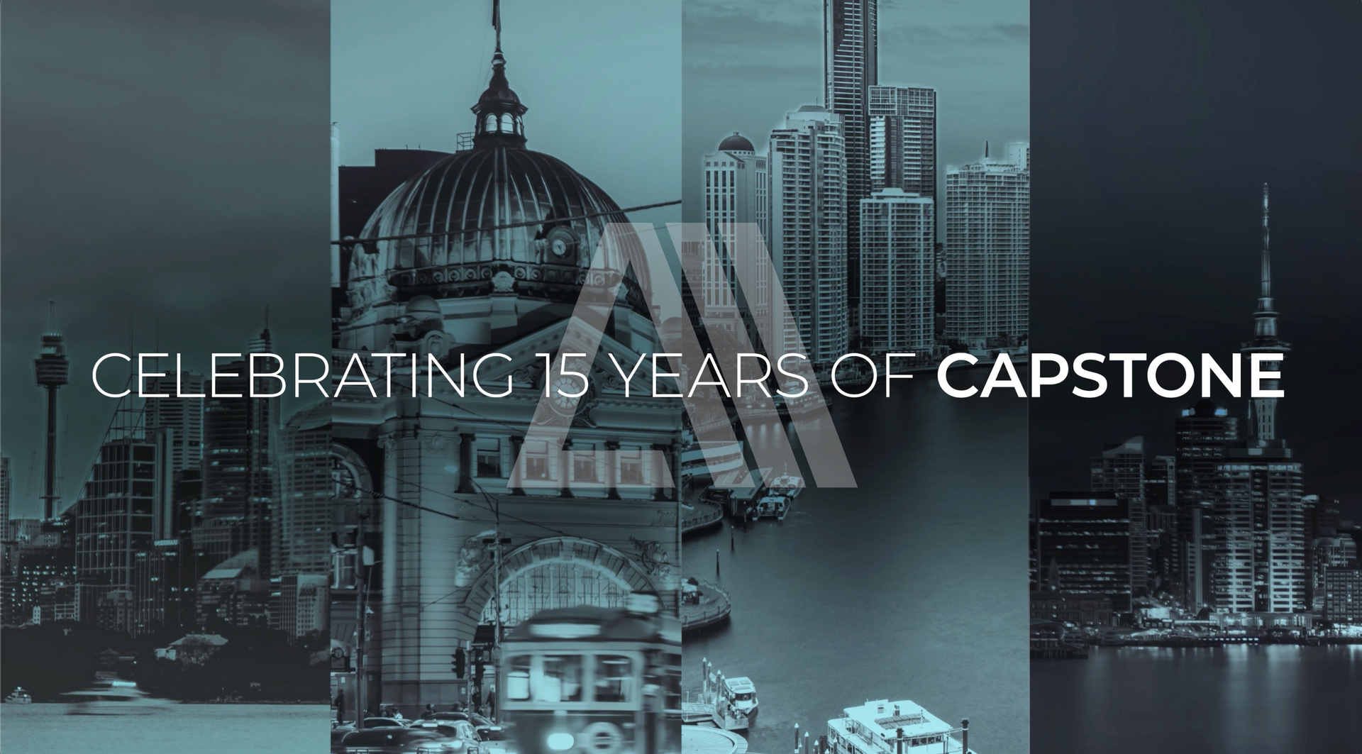 Celebrating 15 years of Capstone: cityscapes in teal and gray, with logo overlayed.