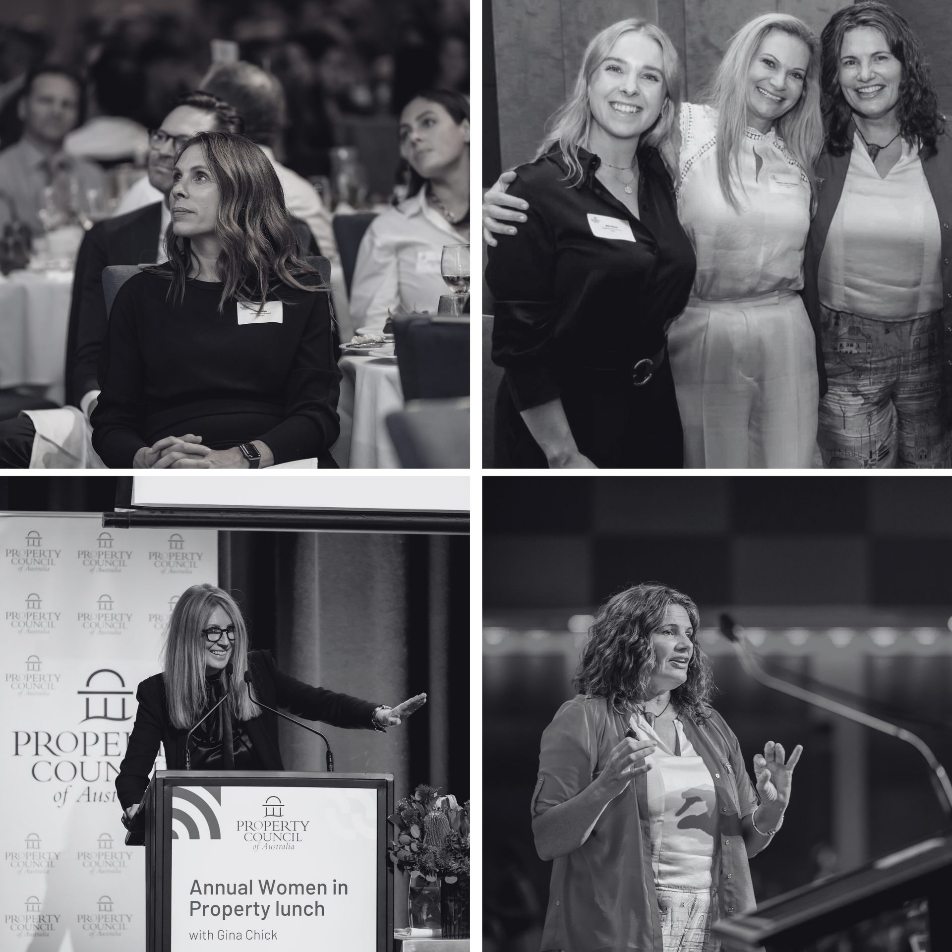 Four black and white photos: women at a property conference, networking and speaking at a podium.