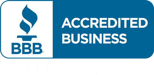 Blue and white Better Business Bureau (BBB) Accredited Business logo.