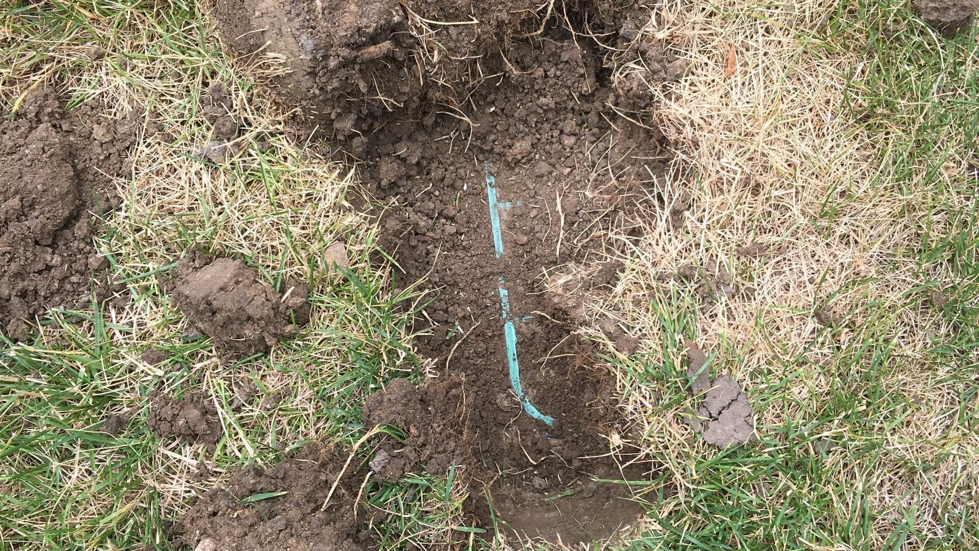 A thin blue wire is exposed in a narrow trench dug into a patch of grass and dirt.