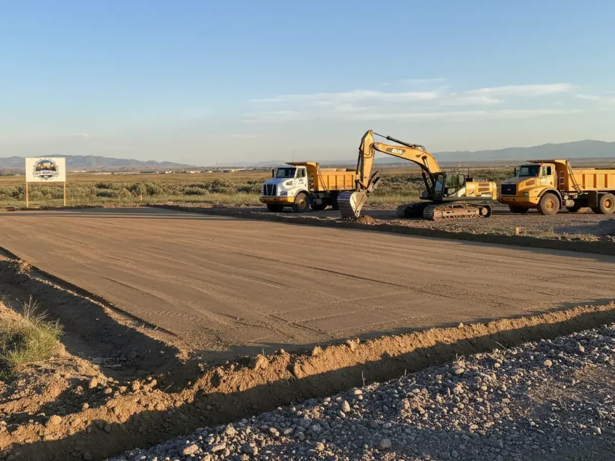 Construction machinery, including an excavator and dump trucks, works on a graded dirt plot under a clear sky.