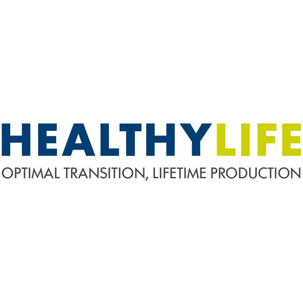 Le logo pour une vie saine est bleu et jaune et dit « transition optimale, production à vie ».