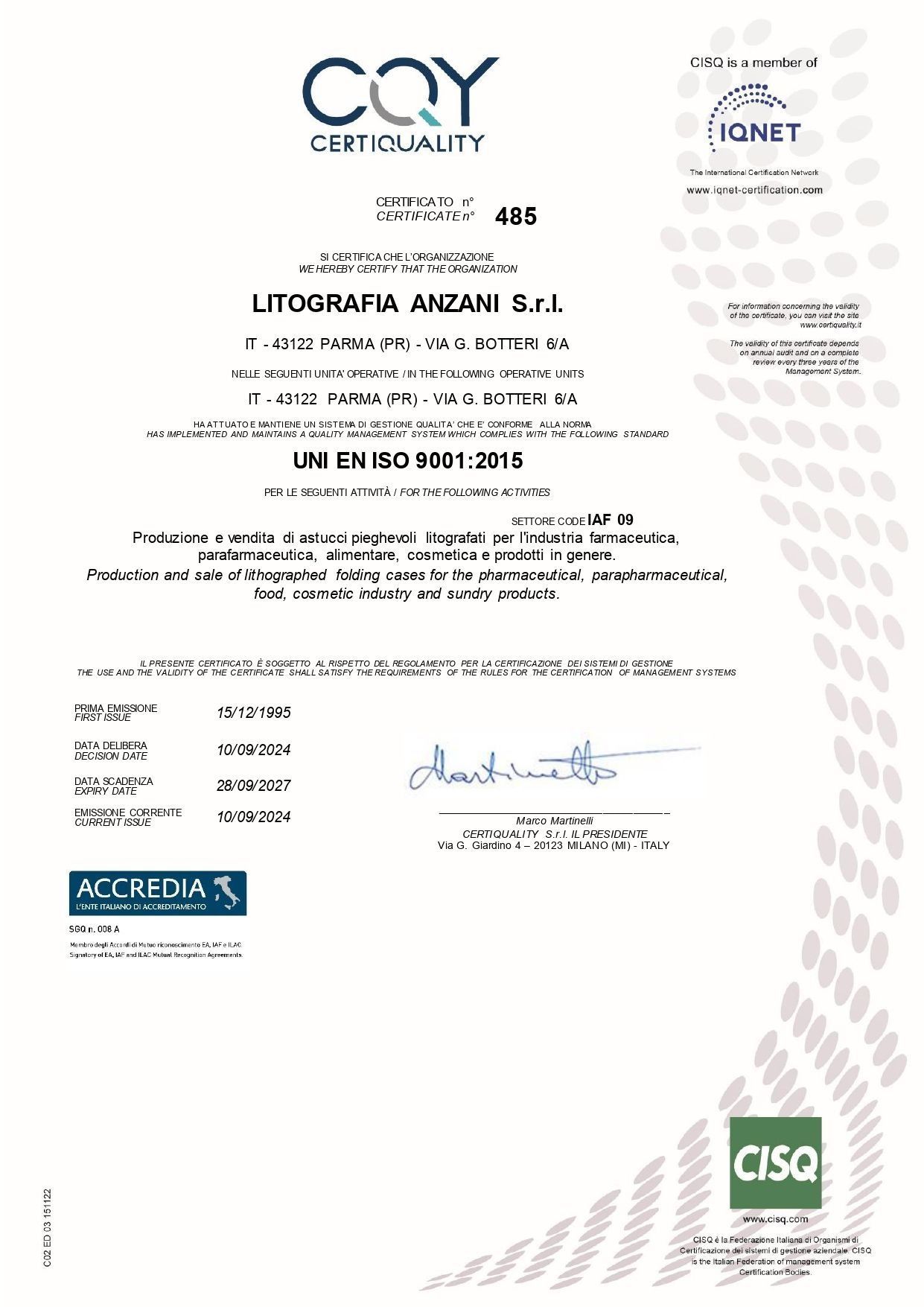 Documento di certificazione con logo CQY, timbri ufficiali e firme su sfondo bianco.