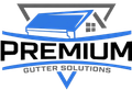 Premium Gutter Solutions logo with blue roof and gutter graphic above bold black text